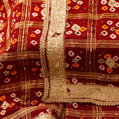 Sanskriti Vintage Dark Red Pure Cotton Dupatta/Stole Bandhani Gharchola Zardozi