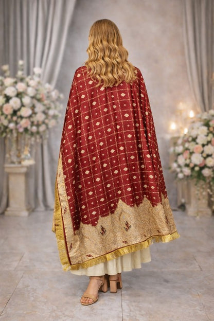 Sanskriti Vintage Dark Red Pure Cotton Dupatta/Stole Bandhani Gharchola Zardozi