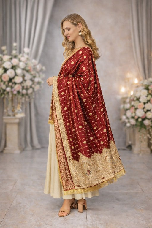 Sanskriti Vintage Dark Red Pure Cotton Dupatta/Stole Bandhani Gharchola Zardozi