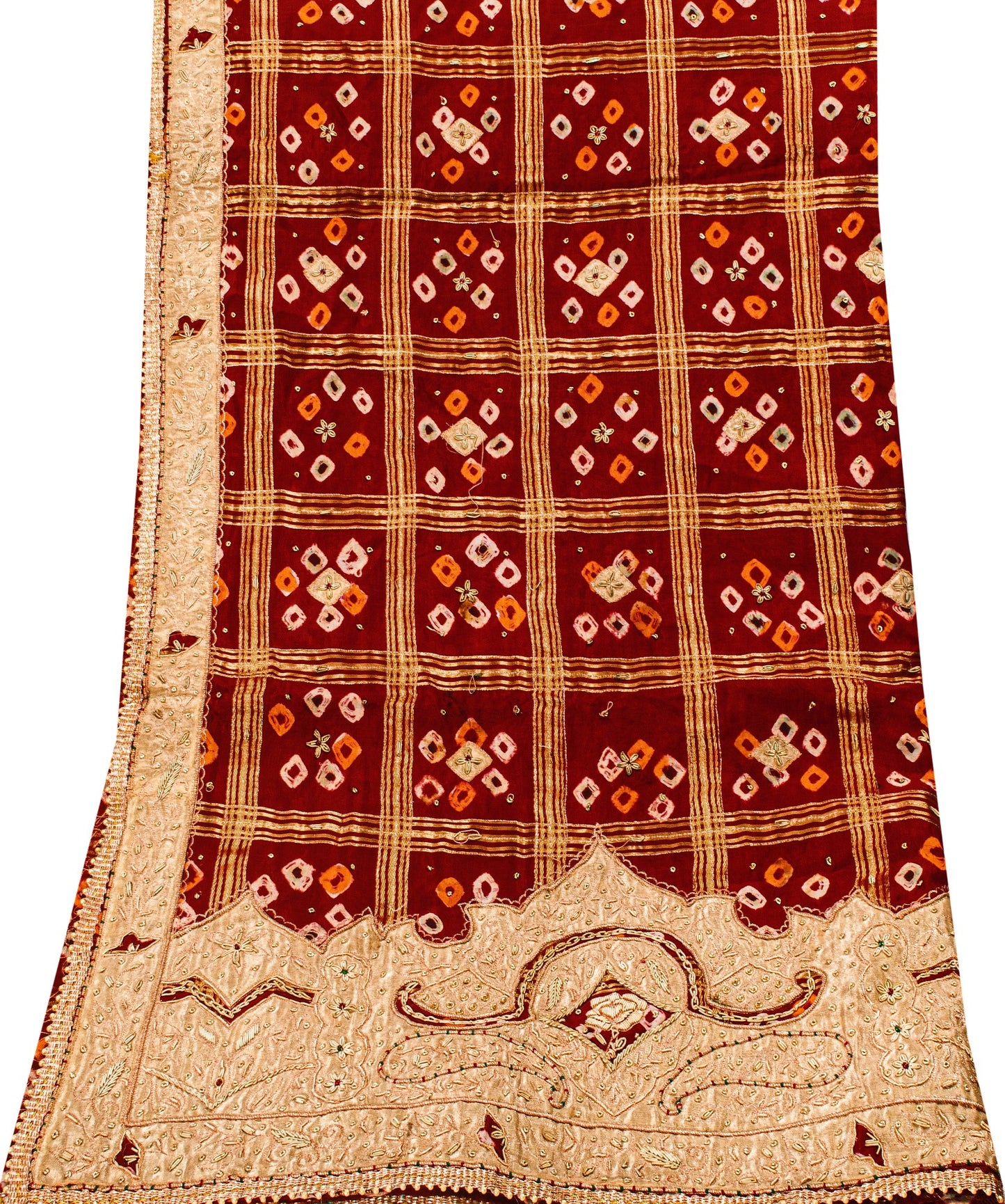 Sanskriti Vintage Dark Red Pure Cotton Dupatta/Stole Bandhani Gharchola Zardozi