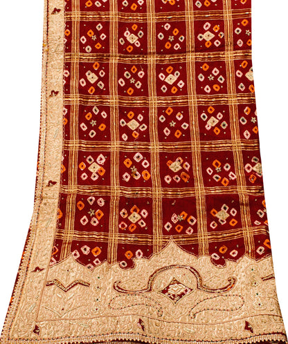 Sanskriti Vintage Dark Red Pure Cotton Dupatta/Stole Bandhani Gharchola Zardozi