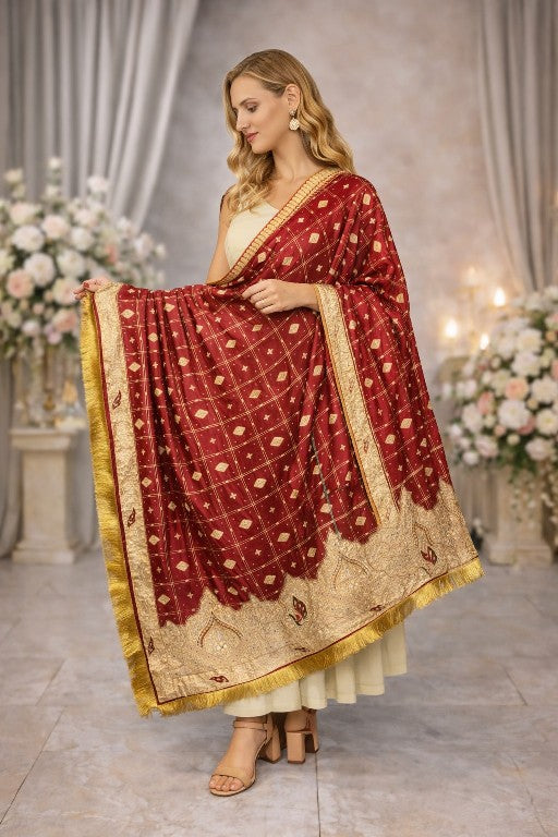 Sanskriti Vintage Dark Red Pure Cotton Dupatta/Stole Bandhani Gharchola Zardozi