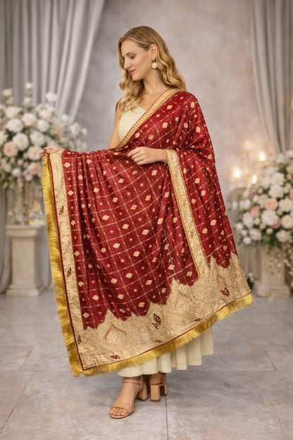 Sanskriti Vintage Dark Red Pure Cotton Dupatta/Stole Bandhani Gharchola Zardozi