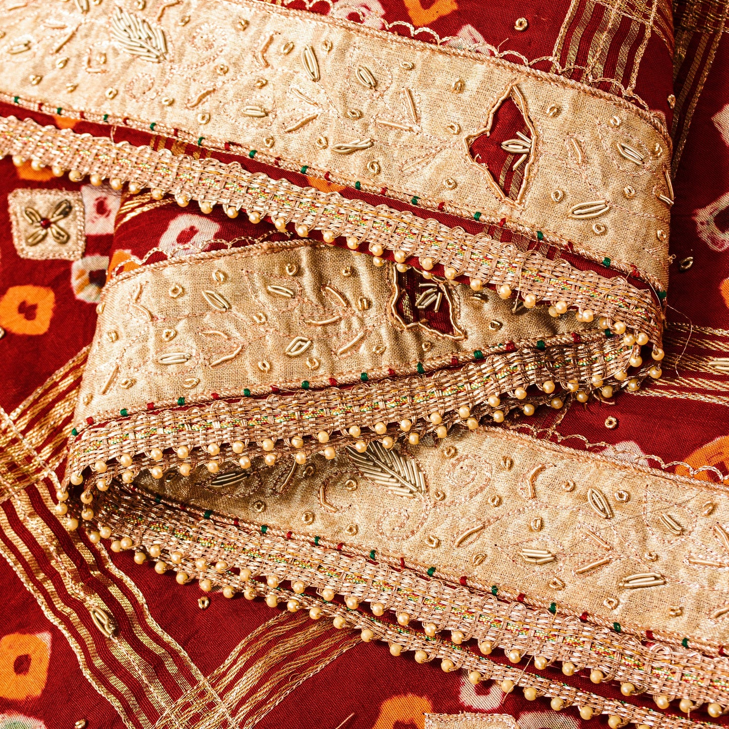 Sanskriti Vintage Dark Red Pure Cotton Dupatta/Stole Bandhani Gharchola Zardozi