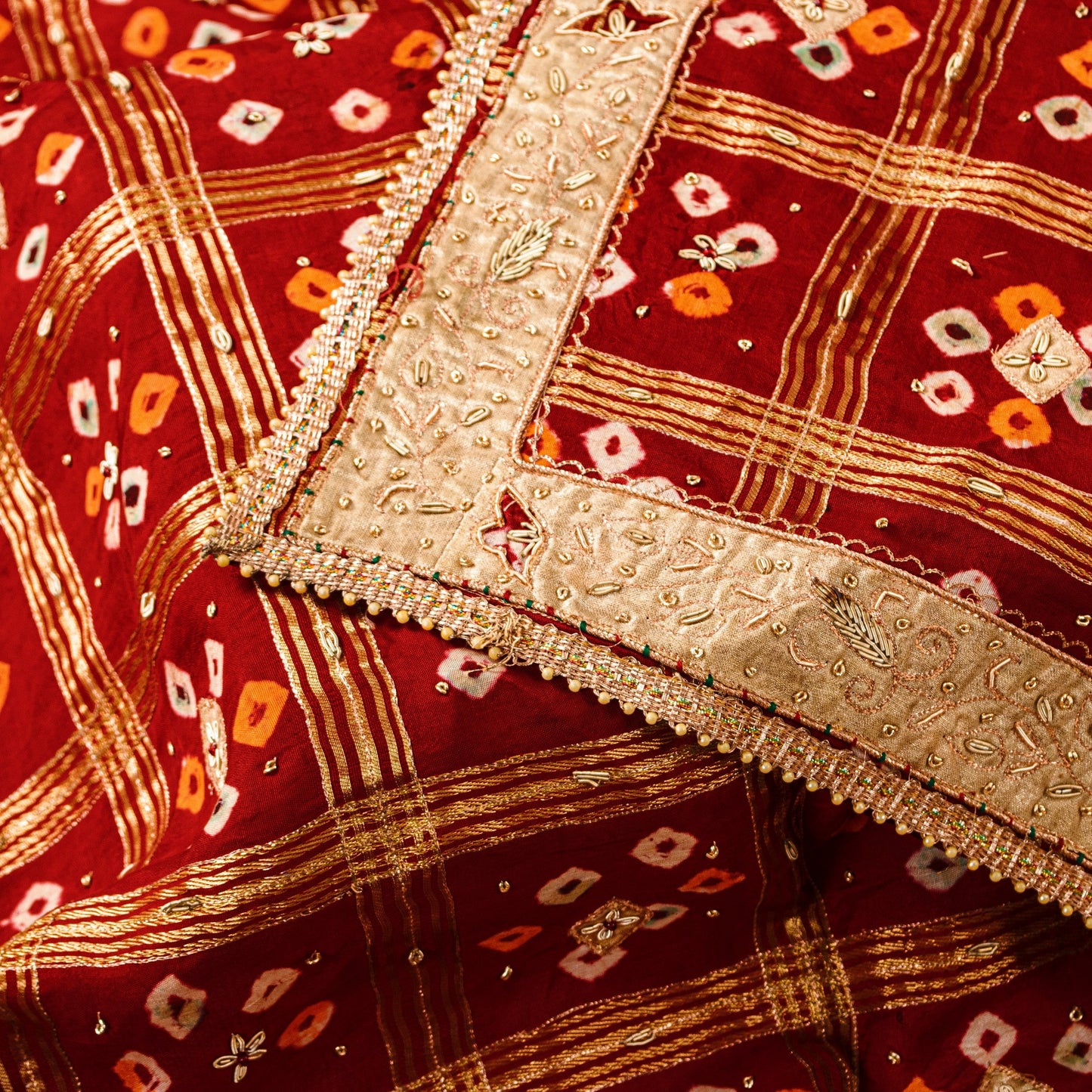 Sanskriti Vintage Dark Red Pure Cotton Dupatta/Stole Bandhani Gharchola Zardozi