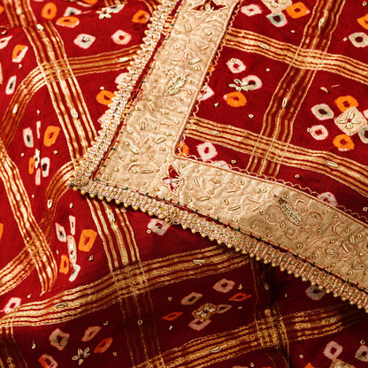 Sanskriti Vintage Dark Red Pure Cotton Dupatta/Stole Bandhani Gharchola Zardozi