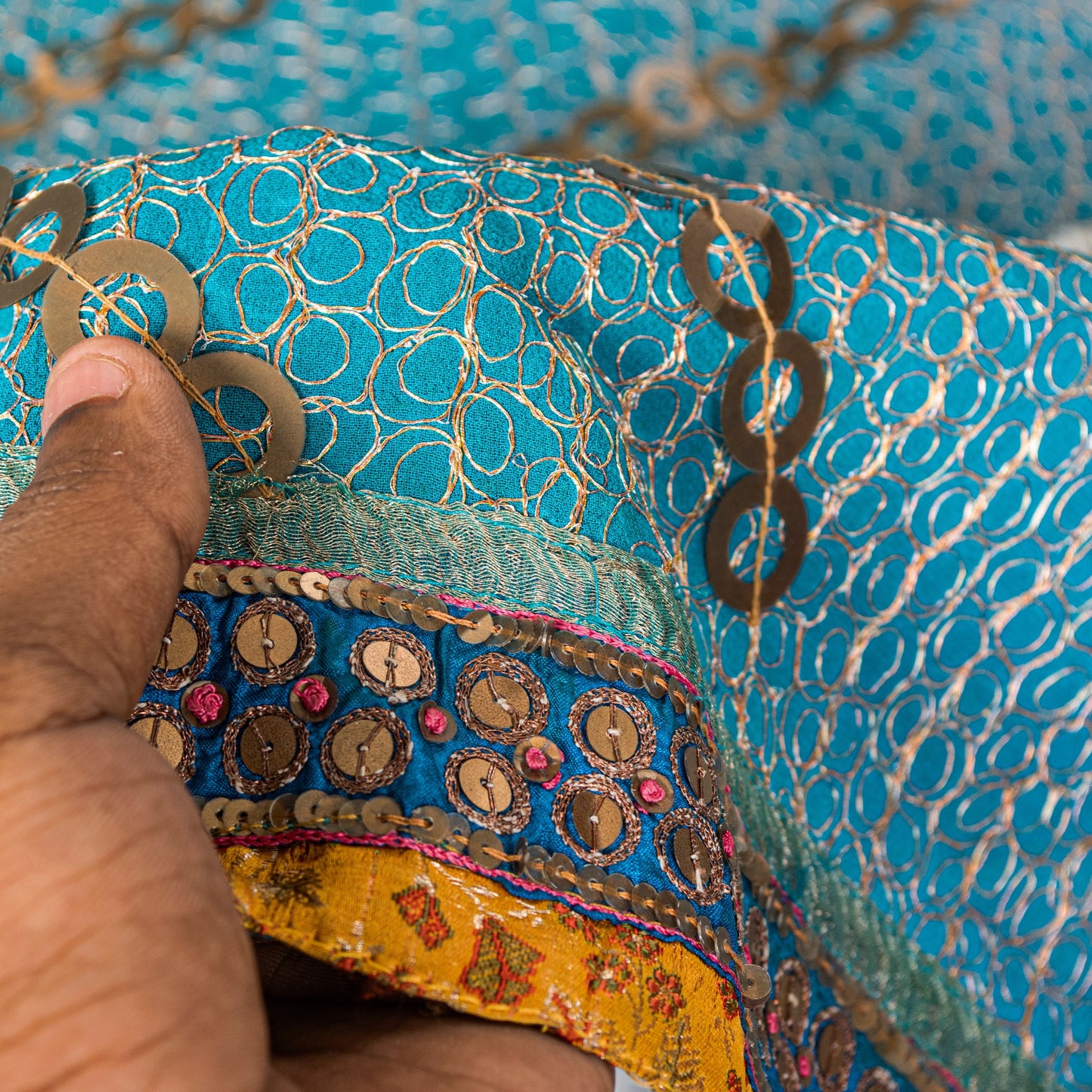 Sanskriti Vintage Blue Pure Georgette Silk Dupatta/Stole Hand Beaded Sequin Veil