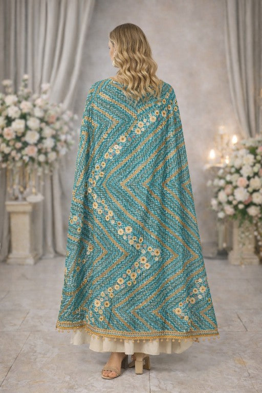 Sanskriti Vintage Blue Pure Georgette Silk Dupatta/Stole Hand Beaded Sequin Veil