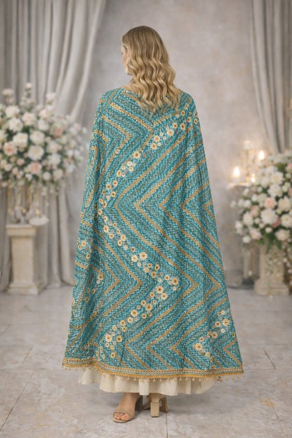Sanskriti Vintage Blue Pure Georgette Silk Dupatta/Stole Hand Beaded Sequin Veil
