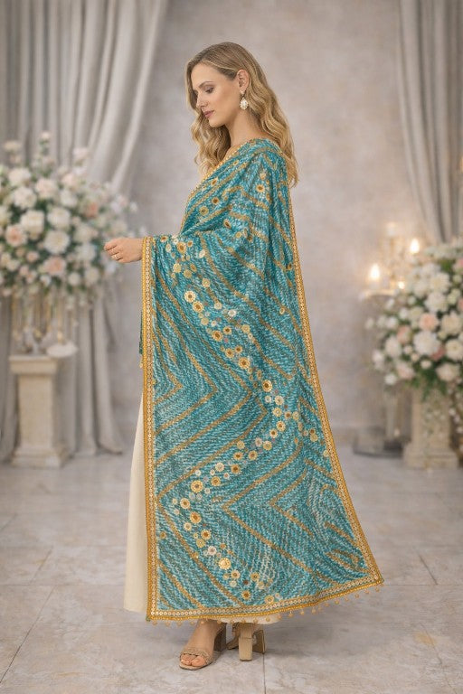 Sanskriti Vintage Blue Pure Georgette Silk Dupatta/Stole Hand Beaded Sequin Veil
