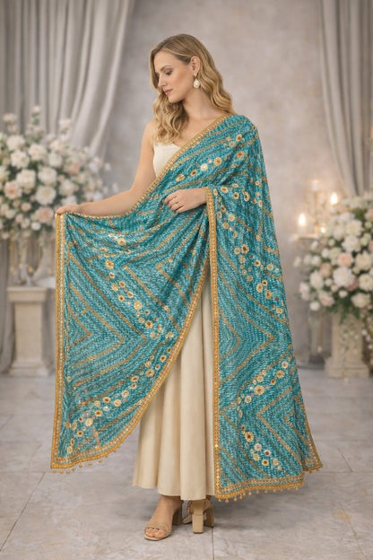 Sanskriti Vintage Blue Pure Georgette Silk Dupatta/Stole Hand Beaded Sequin Veil