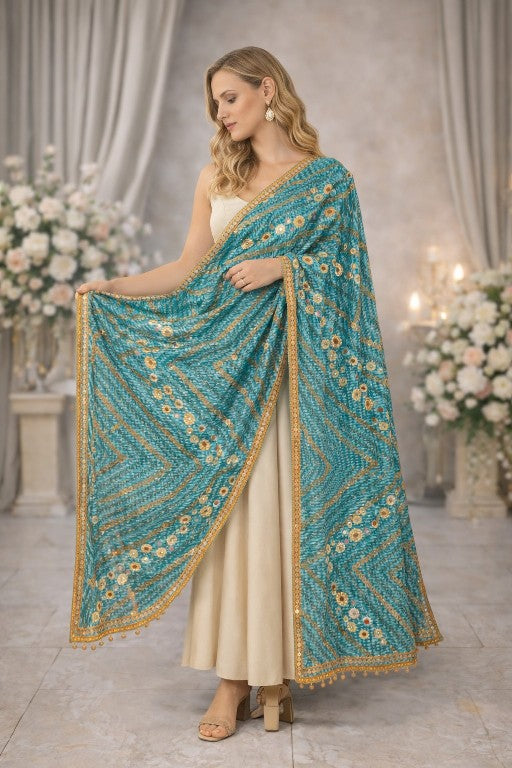 Sanskriti Vintage Blue Pure Georgette Silk Dupatta/Stole Hand Beaded Sequin Veil