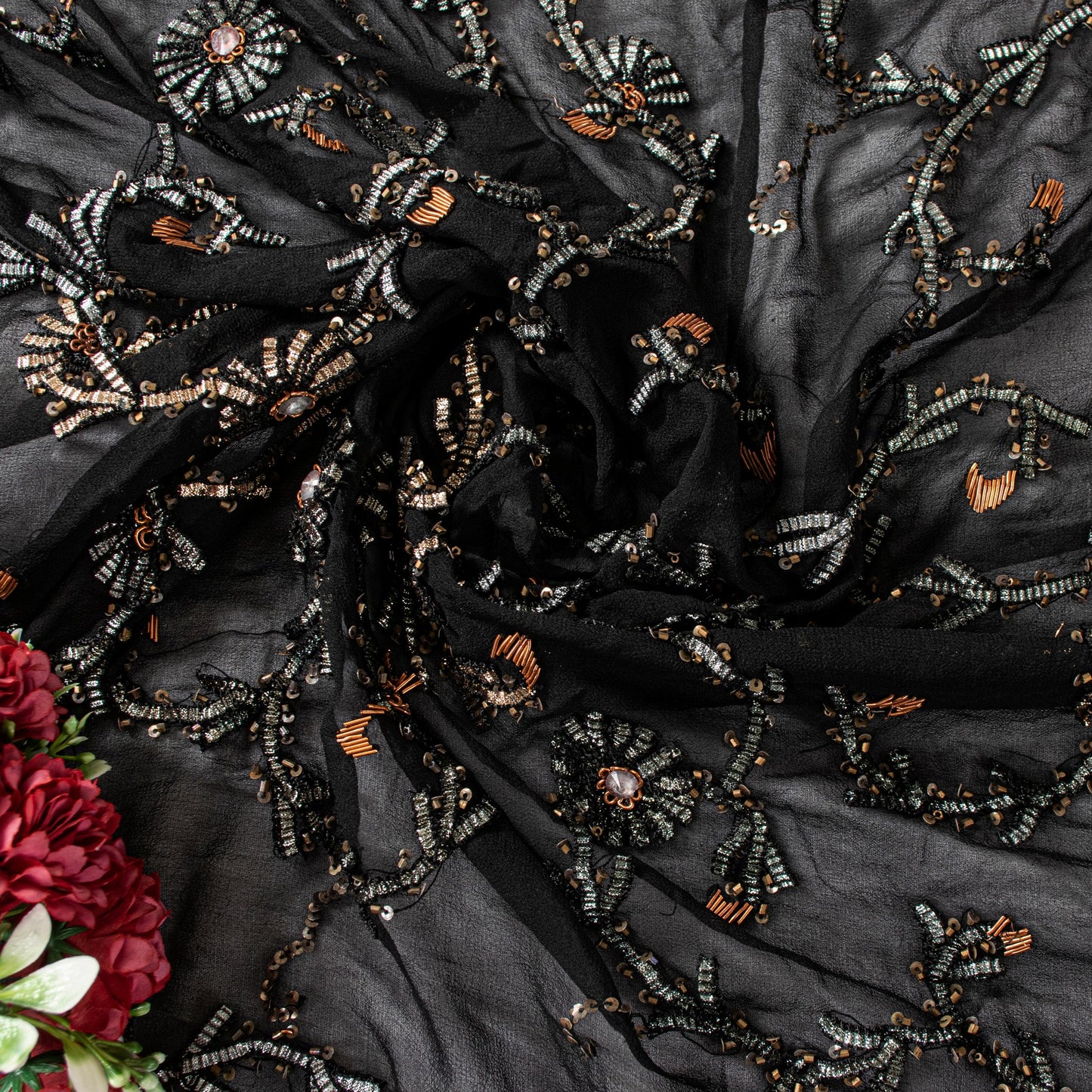 Sanskriti Vintage Black Pure Georgette Dupatta/Stole Hand Embroidered Gota Veil