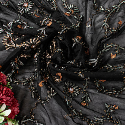 Sanskriti Vintage Black Pure Georgette Dupatta/Stole Hand Embroidered Gota Veil