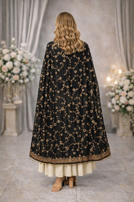 Sanskriti Vintage Black Pure Georgette Dupatta/Stole Hand Embroidered Gota Veil