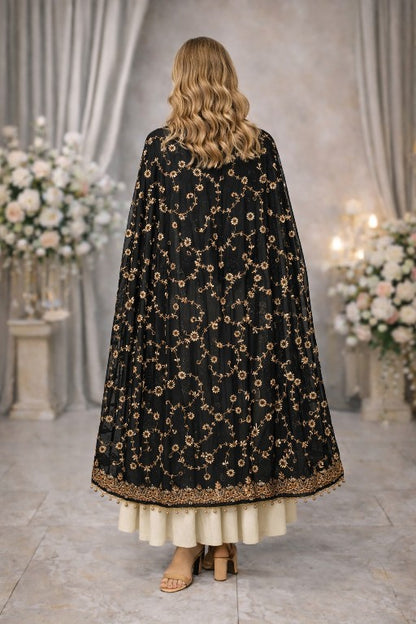 Sanskriti Vintage Black Pure Georgette Dupatta/Stole Hand Embroidered Gota Veil
