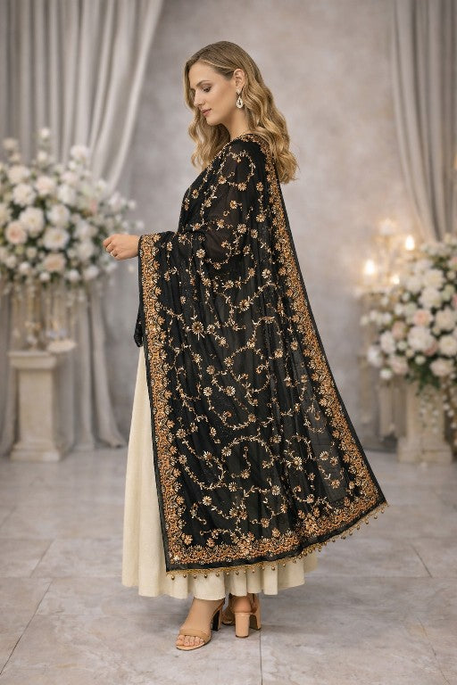 Sanskriti Vintage Black Pure Georgette Dupatta/Stole Hand Embroidered Gota Veil