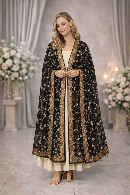 Sanskriti Vintage Black Pure Georgette Dupatta/Stole Hand Embroidered Gota Veil
