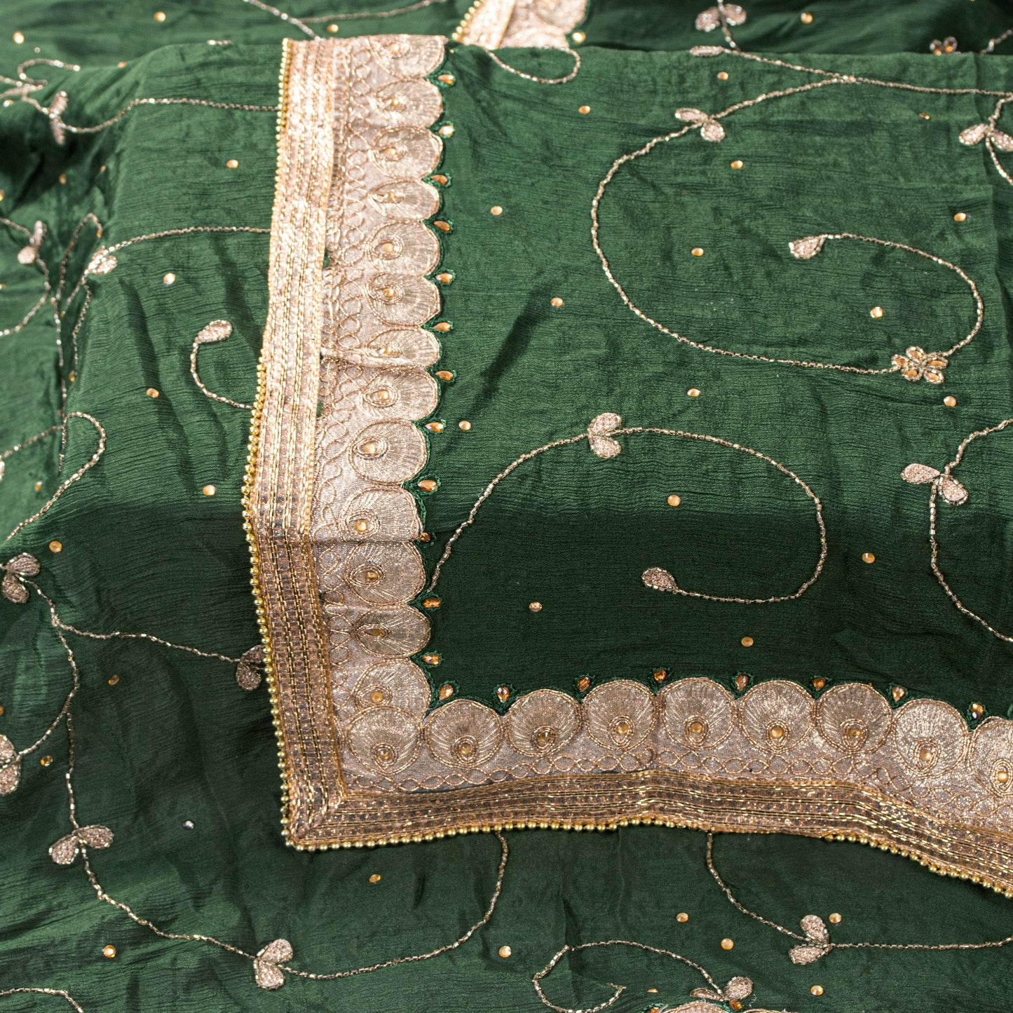 Sanskriti Vintage Green Pure Chiffon SilkDupatta/Stole Hand Bead Patch Work Veil