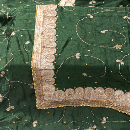 Sanskriti Vintage Green Pure Chiffon SilkDupatta/Stole Hand Bead Patch Work Veil
