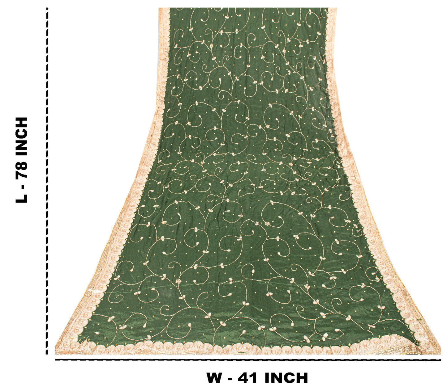 Sanskriti Vintage Green Pure Chiffon SilkDupatta/Stole Hand Bead Patch Work Veil