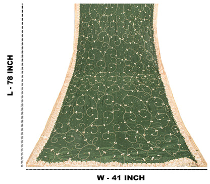 Sanskriti Vintage Green Pure Chiffon SilkDupatta/Stole Hand Bead Patch Work Veil