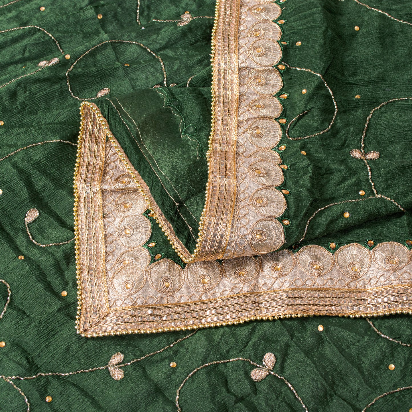 Sanskriti Vintage Green Pure Chiffon SilkDupatta/Stole Hand Bead Patch Work Veil