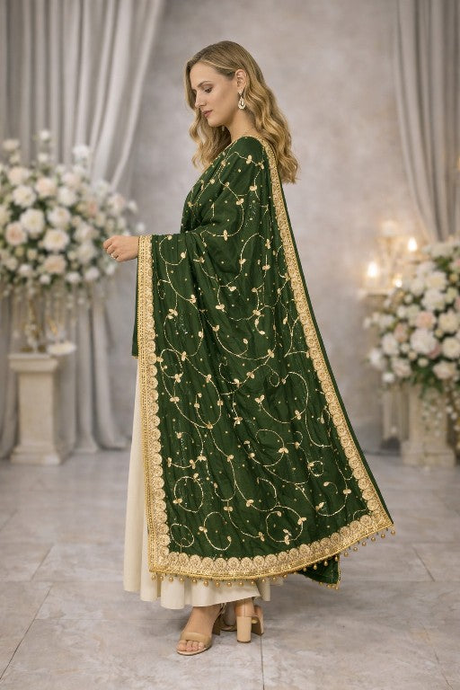 Sanskriti Vintage Green Pure Chiffon SilkDupatta/Stole Hand Bead Patch Work Veil