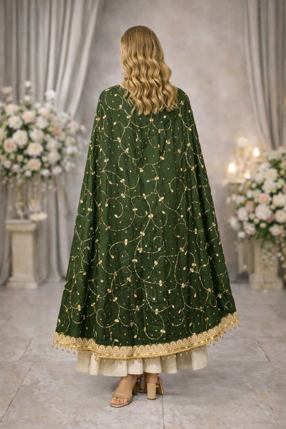 Sanskriti Vintage Green Pure Chiffon SilkDupatta/Stole Hand Bead Patch Work Veil