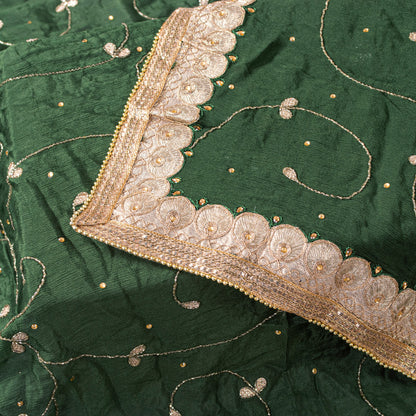 Sanskriti Vintage Green Pure Chiffon SilkDupatta/Stole Hand Bead Patch Work Veil
