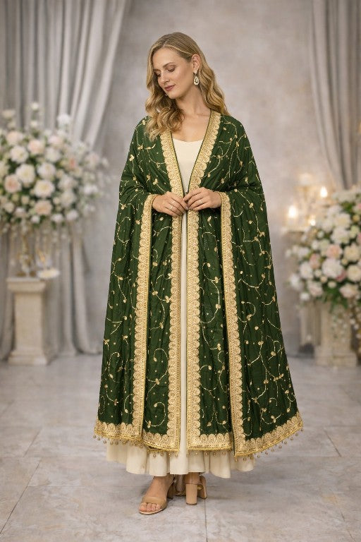 Sanskriti Vintage Green Pure Chiffon SilkDupatta/Stole Hand Bead Patch Work Veil