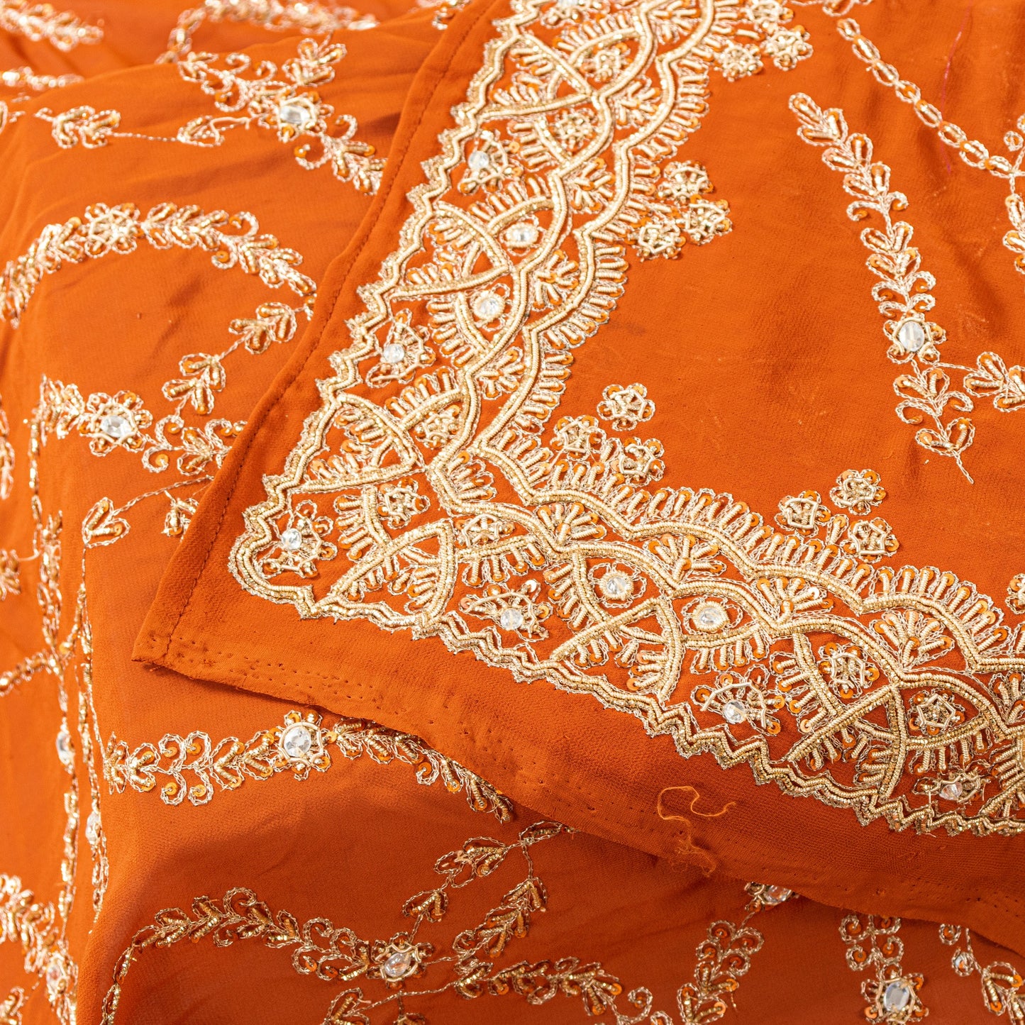 Sanskriti Vintage Orange Georgette Dupatta/Stole Hand Embroidered Dabka Antique