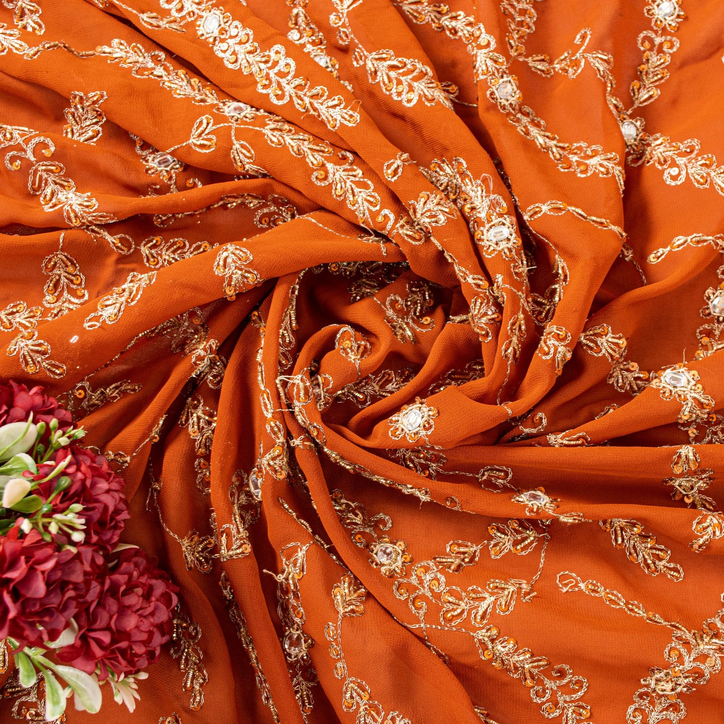 Sanskriti Vintage Orange Georgette Dupatta/Stole Hand Embroidered Dabka Antique