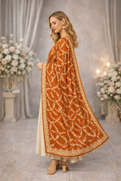 Sanskriti Vintage Orange Georgette Dupatta/Stole Hand Embroidered Dabka Antique