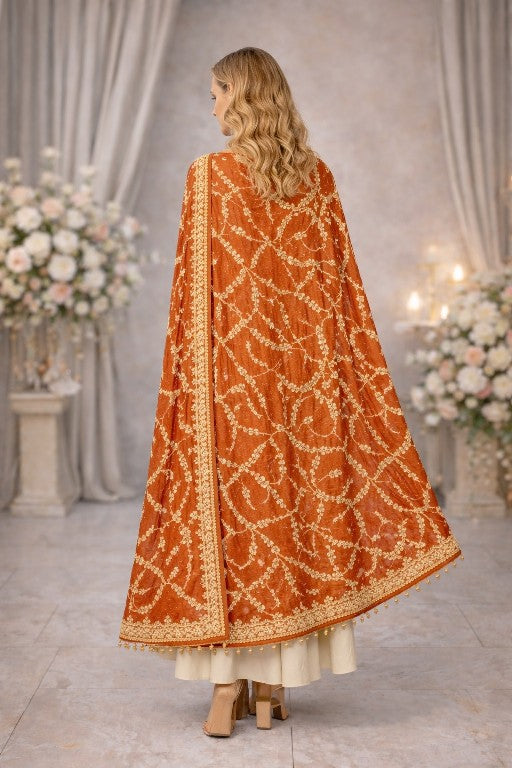 Sanskriti Vintage Orange Georgette Dupatta/Stole Hand Embroidered Dabka Antique