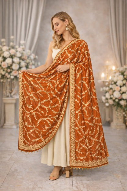 Sanskriti Vintage Orange Georgette Dupatta/Stole Hand Embroidered Dabka Antique