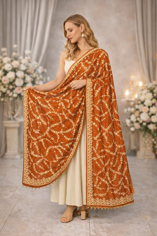 Sanskriti Vintage Orange Georgette Dupatta/Stole Hand Embroidered Dabka Antique