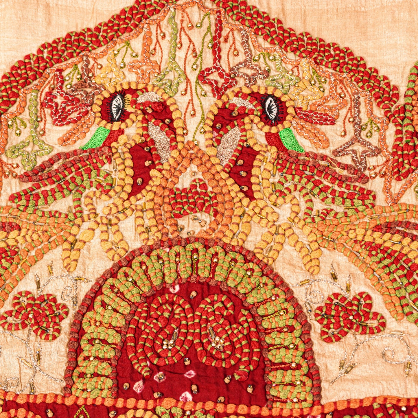 Sanskriti Vintage Cream Pure Silk Dupatta/Stole Hand Embroidered Peacock Scarf