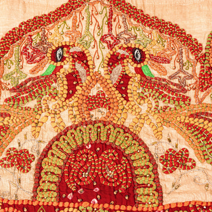 Sanskriti Vintage Cream Pure Silk Dupatta/Stole Hand Embroidered Peacock Scarf
