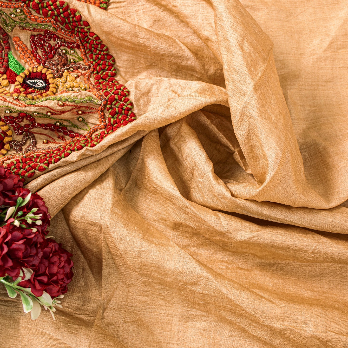 Sanskriti Vintage Cream Pure Silk Dupatta/Stole Hand Embroidered Peacock Scarf
