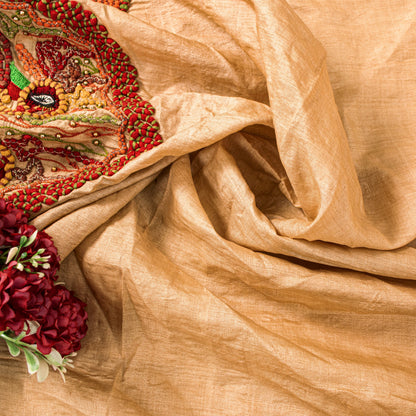 Sanskriti Vintage Cream Pure Silk Dupatta/Stole Hand Embroidered Peacock Scarf