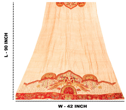 Sanskriti Vintage Cream Pure Silk Dupatta/Stole Hand Embroidered Peacock Scarf