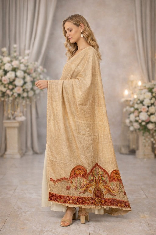 Sanskriti Vintage Cream Pure Silk Dupatta/Stole Hand Embroidered Peacock Scarf