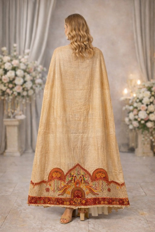 Sanskriti Vintage Cream Pure Silk Dupatta/Stole Hand Embroidered Peacock Scarf