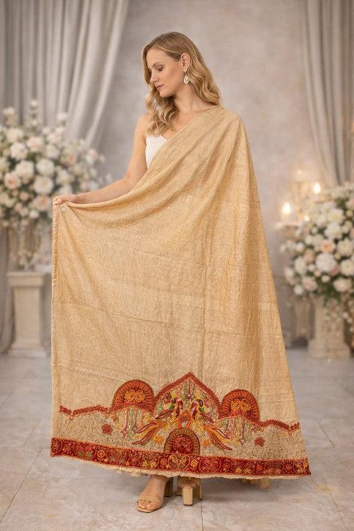 Sanskriti Vintage Cream Pure Silk Dupatta/Stole Hand Embroidered Peacock Scarf