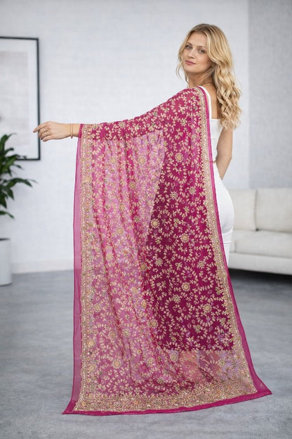 Sanskriti Vintage Pink Pure Georgette Dupatta/Stole Hand Embroidery Zardozi Veil