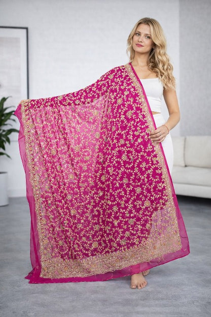 Sanskriti Vintage Pink Pure Georgette Dupatta/Stole Hand Embroidery Zardozi Veil