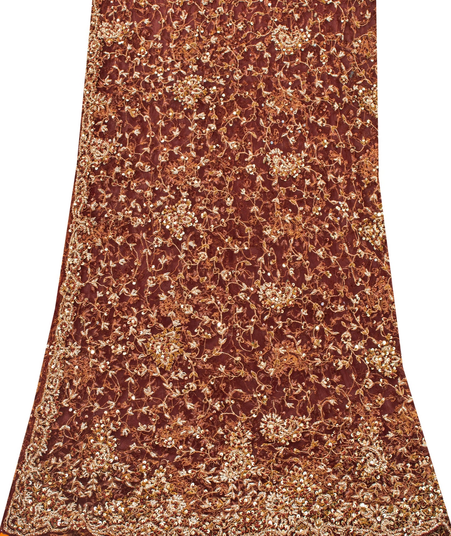 Sanskriti Vintage Brown Net Dupatta/Stole Hand Embroidery Zardozi Wedding Veil