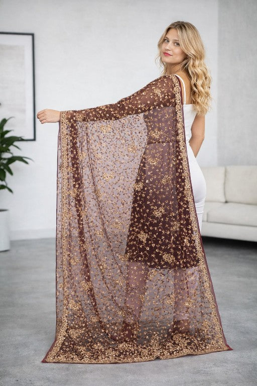 Sanskriti Vintage Brown Net Dupatta/Stole Hand Embroidery Zardozi Wedding Veil