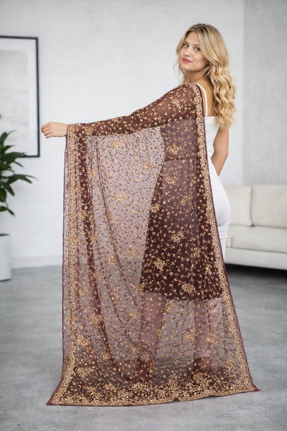 Sanskriti Vintage Brown Net Dupatta/Stole Hand Embroidery Zardozi Wedding Veil